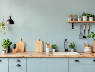 Fresh and bright pastel blue kitchen with smooth wooden countertops and colorful accents