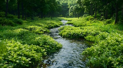 Obraz premium Tranquil Stream Flowing Through Lush Green Forest Landscape