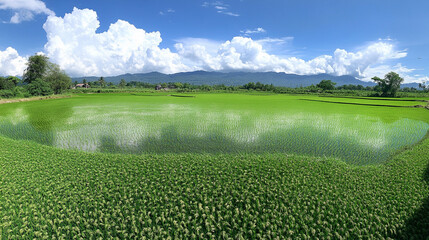 Fototapeta premium Lush Green Rice Paddy Field Landscape Mountains Blue Sky Clouds