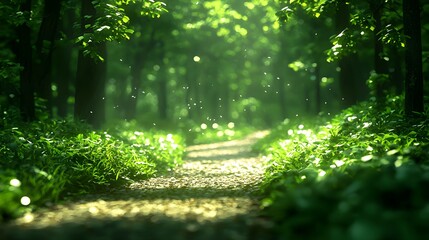 Fototapeta premium Serene Pathway Through Lush Green Forest with Sunlight Beams