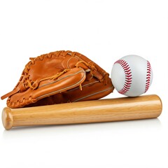 Baseball gear on an isolated white background with free space for text. Ideal for sports websites, e-commerce, posters, and ads. Clean design highlights gloves, bat, and ball.