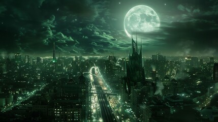 Obraz premium Futuristic Cityscape Underneath a Green Moon at Night