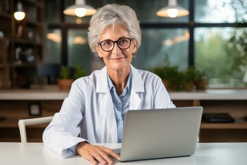 Portrait of smiling mature female scientist wearing lab coat and glasses sitting at desk using laptop computer in modern laboratory