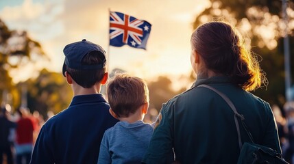 Australian family observes ANZAC Day parade with national flag at sunset  golden hour