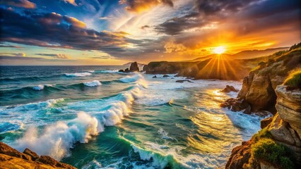Obraz premium Majestic Ocean Waves Crashing Rugged Cliffs at Sunset - Aerial Coastal View
