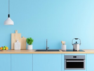 Bright modern kitchen with pastel blue cabinetry, polished wooden countertops, and sleek decor