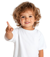 Child with curly hair happily pointing finger while smiling and wearing a white shirt against a transparent background