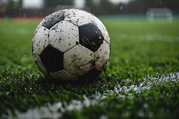 Fototapeta premium Generative AI image of street football player kicking a muddy ball during an intense soccer game outdoors