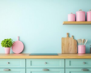 Vibrant pastel blue kitchen with wooden countertops and bright natural lighting, colorful design