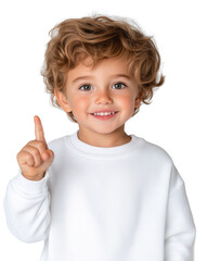 Smiling child with curly hair showing one finger against a transparent background