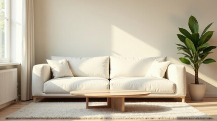 Serene living room with off-white couch, wooden coffee table, and potted plant bathed in sunlight