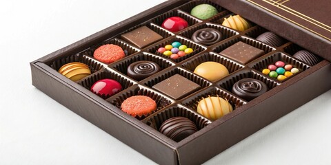 Close-up shot of a box of assorted chocolates filled with colorful sweets, confectionery, close up, , spring sweets