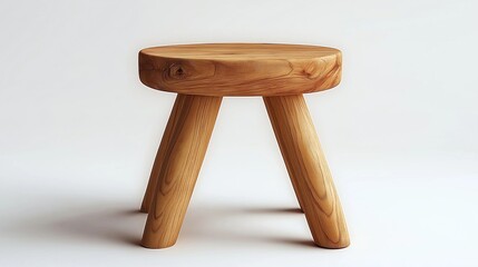Simple wooden stool sits on white background. Solid handcrafted furniture piece. Vintage rustic style. Classic design. Versatile object. Suitable for various interiors. Minimalist aesthetic. Stable,