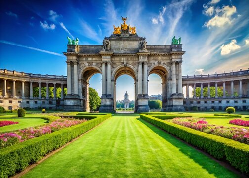 Majestic Parc du Cinquantenaire Triumphal Arch, Brussels, Belgium - Sunny Day Landscape