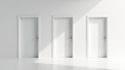 Three identical white doors in a minimalist interior setting, bathed in soft sunlight, offering a sense of choice and potential pathways