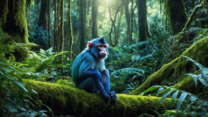 A vivid illustration of a blue monkey sitting between two towering trees in a mystical forest. 