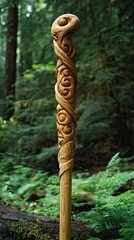 Intricate Wood Carving Walking Stick in Forest