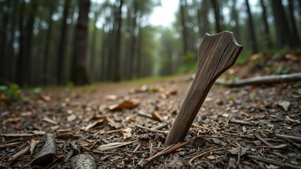 Close-up shot of an old wooden arrow sticking out of the ground on a forest trail, earth, isolated