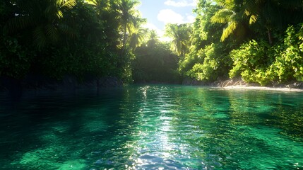 Fototapeta premium Tranquil Tropical Lagoon Surrounded by Lush Greenery and Palm Trees