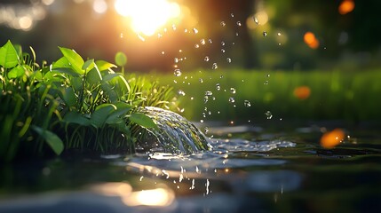 Serene Nature Scene with Water Droplets and Sunlight on Greenery