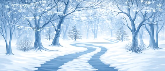 Enchanting winter wonderland scene with snow-covered path and glistening trees.