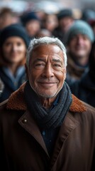 Fototapeta premium Smiling man in a crowd of people wearing hats and scarves, portrait, vertical background