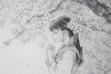 Detailed pencil drawing of a serene japanese student girl praying under a blooming sakura tree, with falling petals adding to the tranquil atmosphere