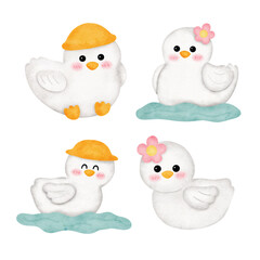 Set of Watercolor cute duck  Illustration