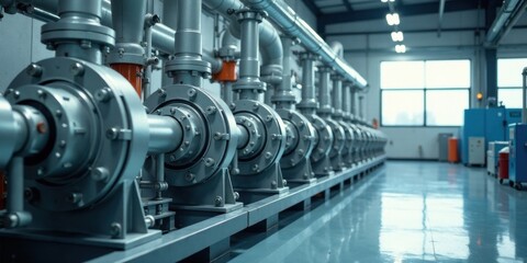 Industrial Facility Showing a Row of High-Tech Pumps and Piping System in a Clean Modern Setting