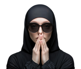 Woman in a black hijab and sunglasses with hands clasped in a thoughtful pose against a transparent background