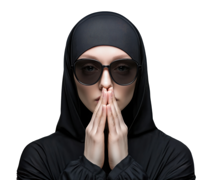 Woman in a black hijab and sunglasses with hands clasped in a thoughtful pose against a transparent background