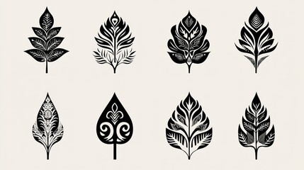 Eight ornate black leaf designs, isolated on white background; for textile, print, or web design