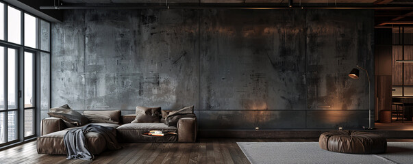 Modern industrial loft living space with concrete wall