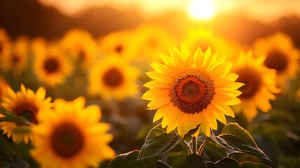 Obraz premium Vibrant Sunflowers Bathed in Golden Light at Sunset in Field