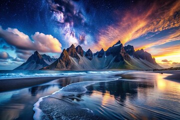 Naklejka premium Majestic Stokksnes Beach Iceland Night Photography - Dramatic Volcanic Mountains & Starry Sky