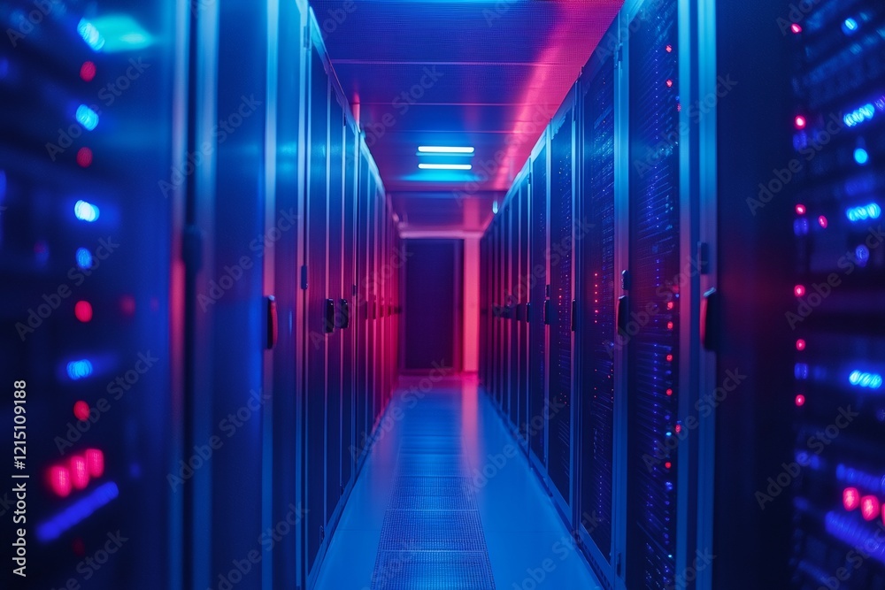 Aufkleber server racks glowing with blue and red lights in dark data center