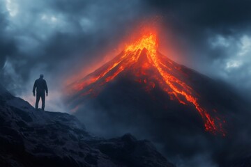 Fototapeta premium Volcanologist standing on volcanic rocks is observing a volcano erupting at night with red hot lava flowing down its slopes