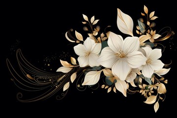 Elegant floral arrangement featuring white flowers and golden leaves, creating a luxurious and sophisticated design