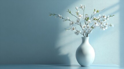 A clear glass vase is filled with delicate white flowers and green stems,