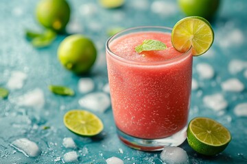 Watermelon smoothie in a clear glass, garnished with fresh lime slices, surrounded by ice and lime halves on a turquoise background with copy space. Vitamin C antioxidant drink, pink fruit smoothie