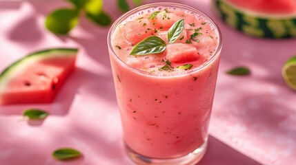 Refreshing watermelon smoothie with mint leaf in vibrant setting perfect for summer promos, healthy life style food blog. Healthy summer fruit drink on sunlit pink background. Pink fruit smoothie