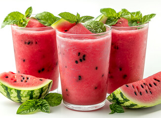 Watermelon smoothie assortment in transparent glasses garnished with fresh mint on white background. Refreshing summer drink. Healthy fruit drink, pink smoothie made of fresh watermelon