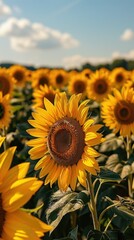 Fototapeta premium There is a field of sunflowers with a blue sky in the background, plant background, vertical background