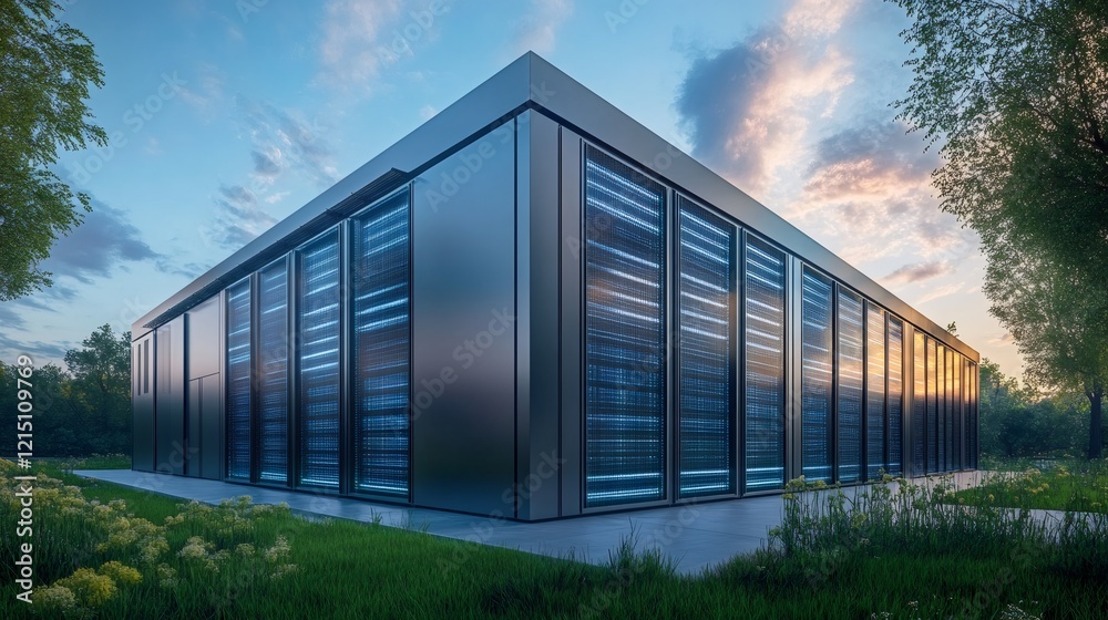 Poster modern data center building illuminating the surrounding nature at sunset