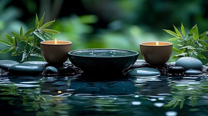 Tranquil Zen garden candles water reflection serenity
