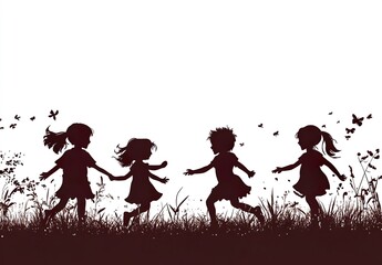 Stylish silhouette set of kids playing together