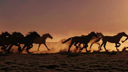 herd of wild horses running across an open plain at sunset