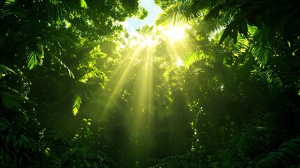 Sunlight Radiating Through Lush Green Jungle Canopy in Rainforest