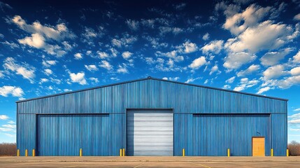 Obraz premium Blue warehouse, open door, rural sky, storage