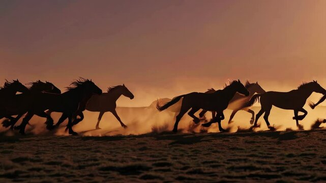 herd of wild horses running across an open plain at sunset
